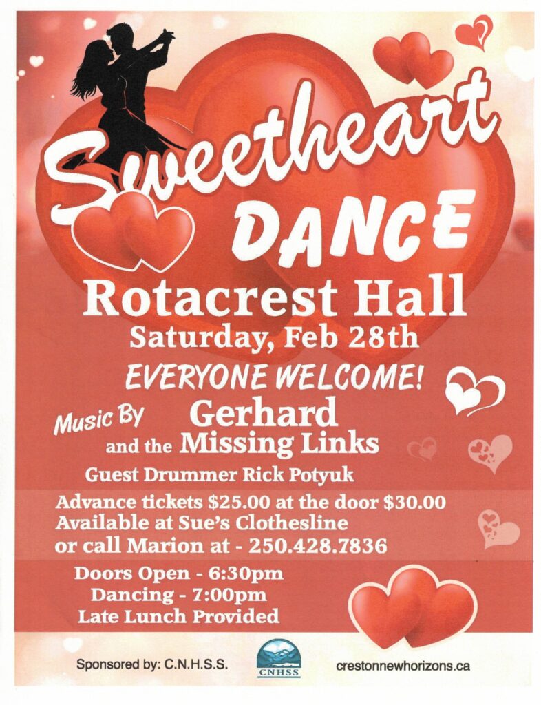 Poster advertising a dance on February 28th with lots of hearts and red colour for vanlentines day.