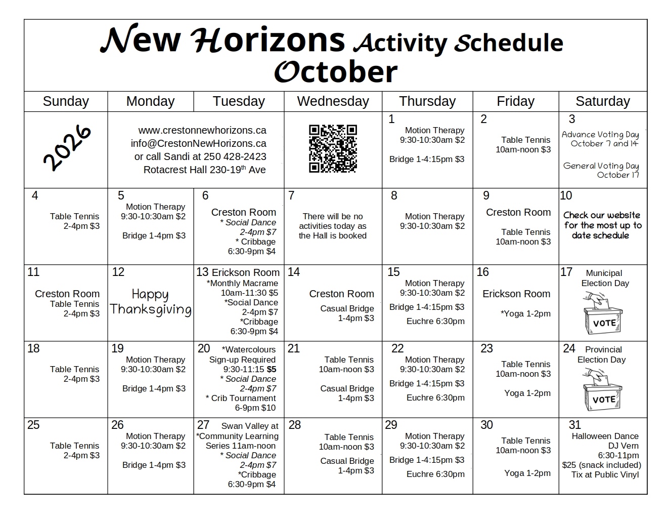 Creston New Horizons October activity and events calendar